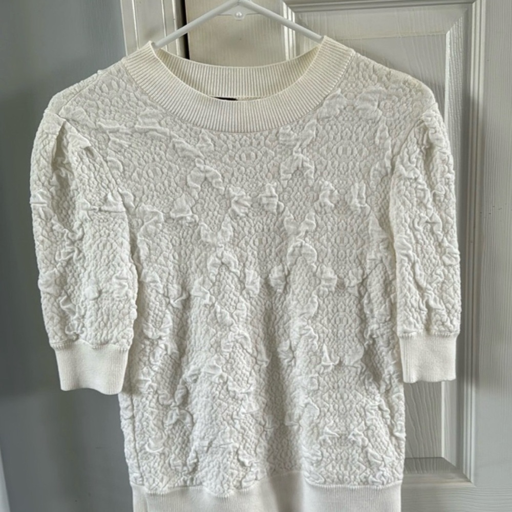 Free People Ivory Textured Short Sleeve Sweater Top XS Cotton Blend Boho